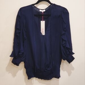 NWT Parker ruffle sleeve long sleeve blouse, navy blue, size medium